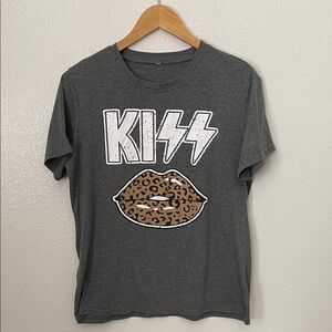 KISS band graphic tee leopard cheetah print lips L